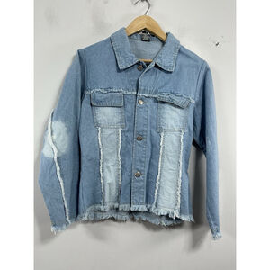 Womans Excellent Cowboy Blue Jean Jacket 44 (us 12) Button Up Fitted Frayed